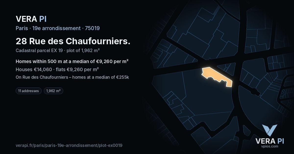 28 Rue des Chaufourniers, 19e arrondissement at night – the plot lit, the parcels around coloured by the prices near them