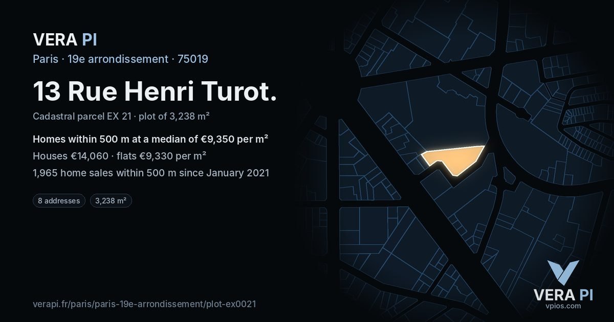13 Rue Henri Turot, 19e arrondissement at night – the plot lit, the parcels around coloured by the prices near them