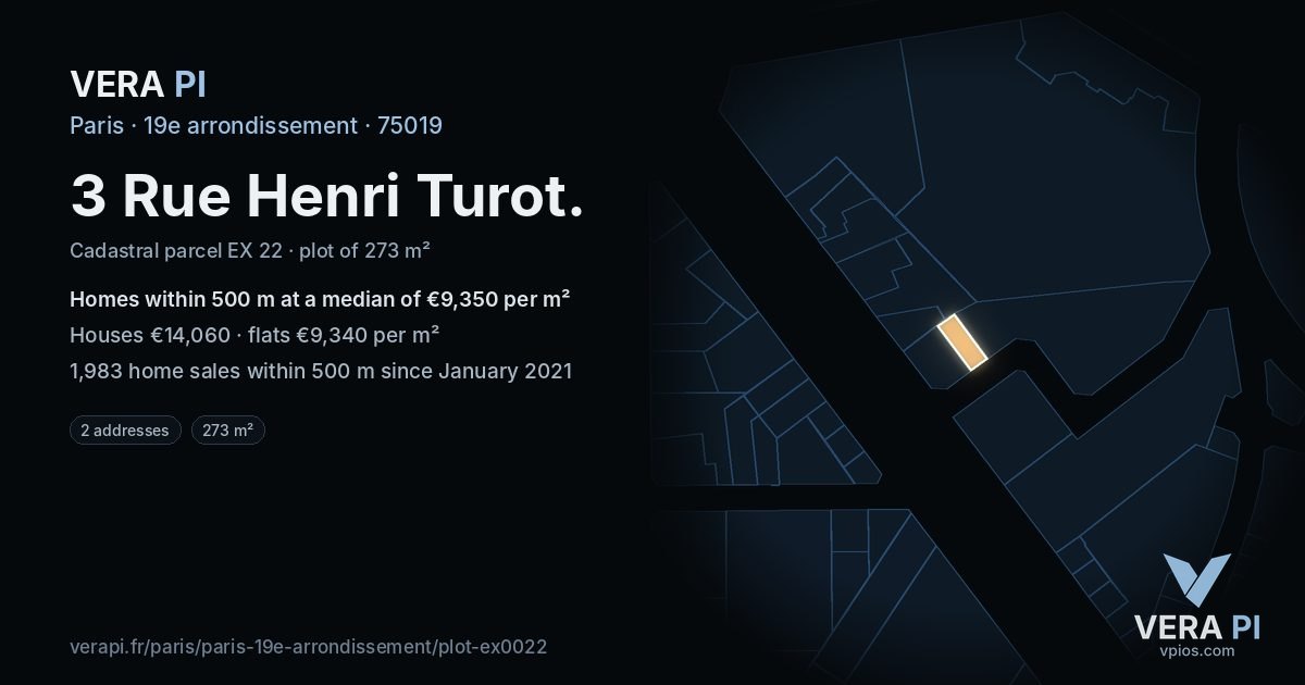 3 Rue Henri Turot, 19e arrondissement at night – the plot lit, the parcels around coloured by the prices near them