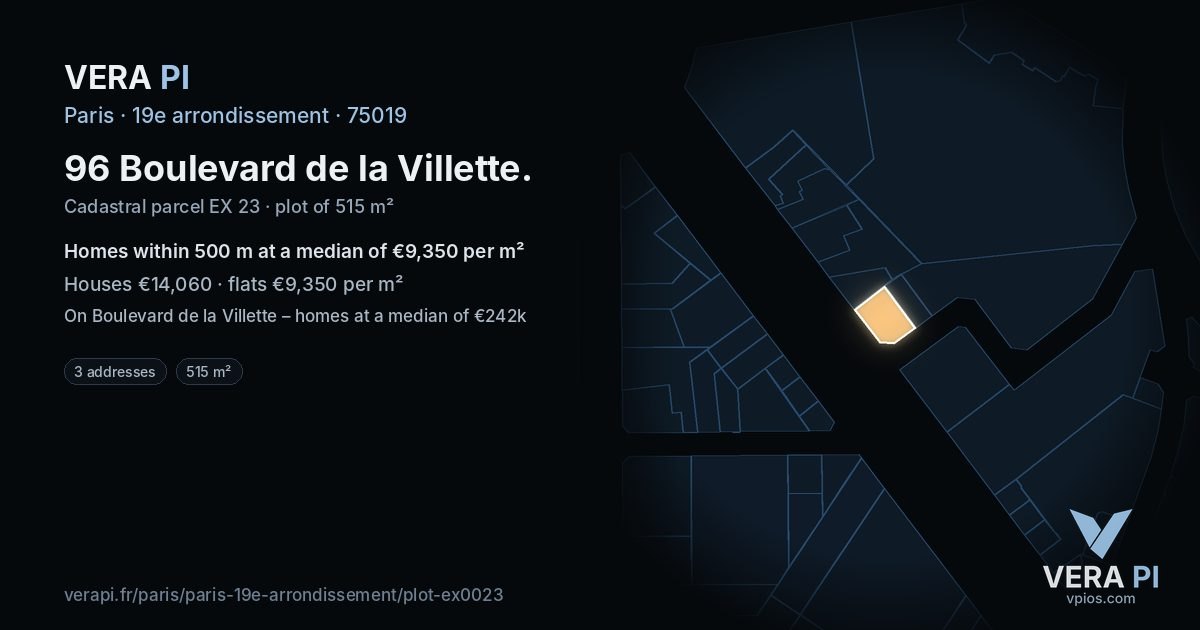 96 Boulevard de la Villette, 19e arrondissement at night – the plot lit, the parcels around coloured by the prices near them