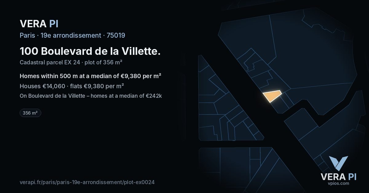 100 Boulevard de la Villette, 19e arrondissement at night – the plot lit, the parcels around coloured by the prices near them