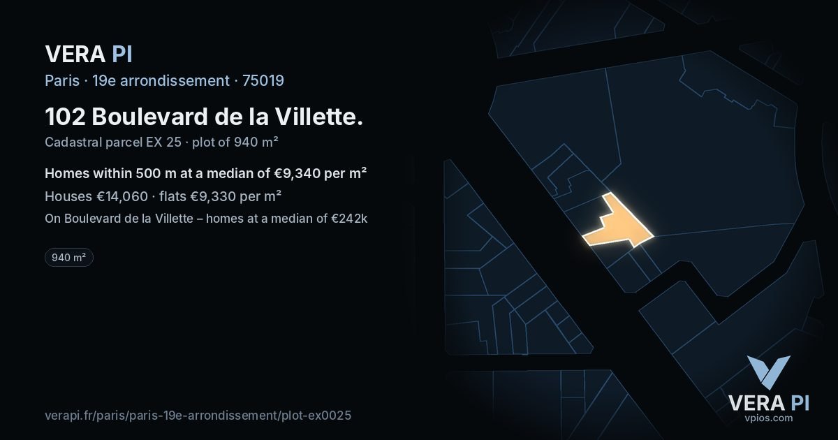 102 Boulevard de la Villette, 19e arrondissement at night – the plot lit, the parcels around coloured by the prices near them