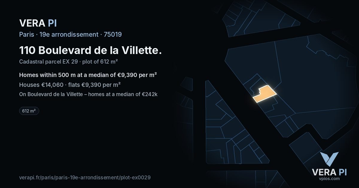 110 Boulevard de la Villette, 19e arrondissement at night – the plot lit, the parcels around coloured by the prices near them