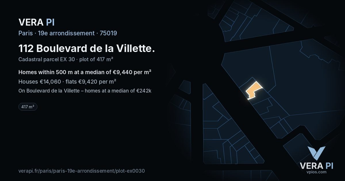 112 Boulevard de la Villette, 19e arrondissement at night – the plot lit, the parcels around coloured by the prices near them