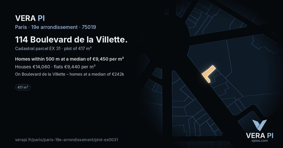 114 Boulevard de la Villette, 19e arrondissement at night – the plot lit, the parcels around coloured by the prices near them