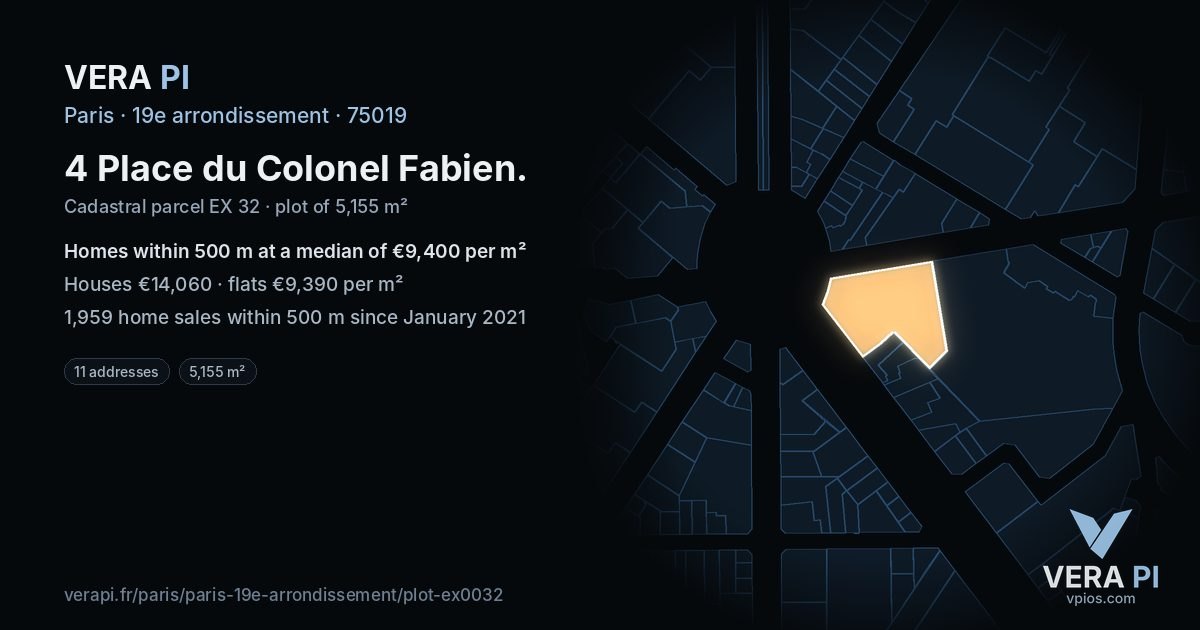 4 Place du Colonel Fabien, 19e arrondissement at night – the plot lit, the parcels around coloured by the prices near them