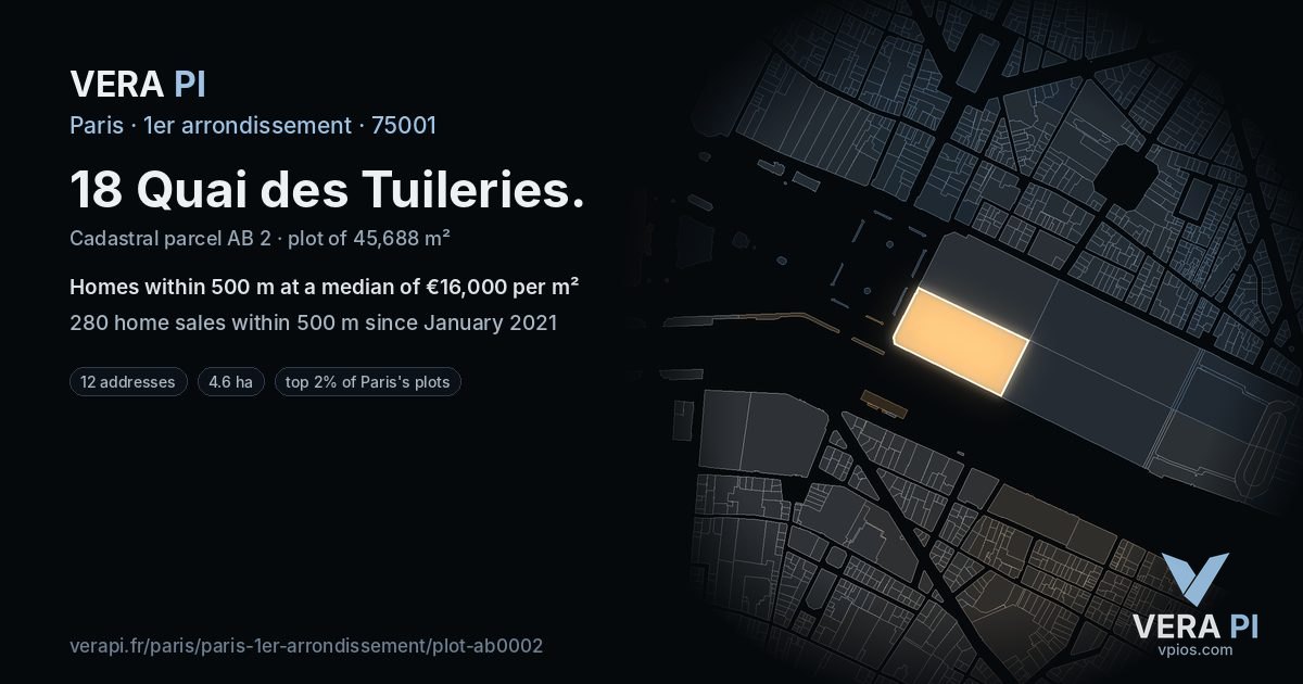18 Quai des Tuileries, 1er arrondissement at night – the plot lit, the parcels around coloured by the prices near them