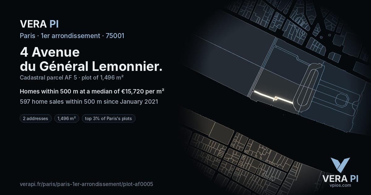 4 Avenue du Général Lemonnier, 1er arrondissement at night – the plot lit, the parcels around coloured by the prices near them