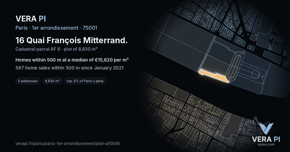 16 Quai François Mitterrand, 1er arrondissement at night – the plot lit, the parcels around coloured by the prices near them
