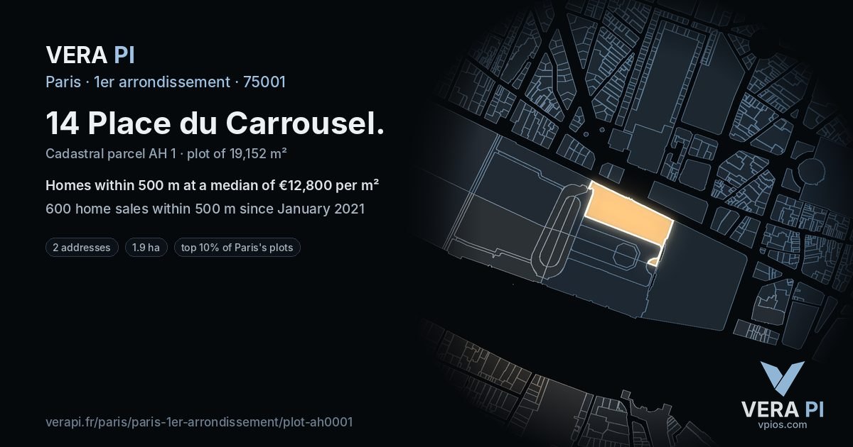14 Place du Carrousel, 1er arrondissement at night – the plot lit, the parcels around coloured by the prices near them