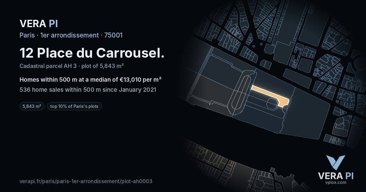 12 Place du Carrousel, 1er arrondissement at night – the plot lit, the parcels around coloured by the prices near them