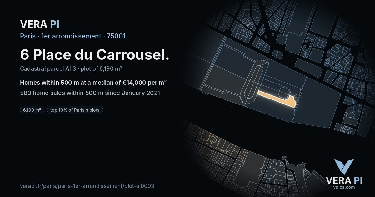 6 Place du Carrousel, 1er arrondissement at night – the plot lit, the parcels around coloured by the prices near them