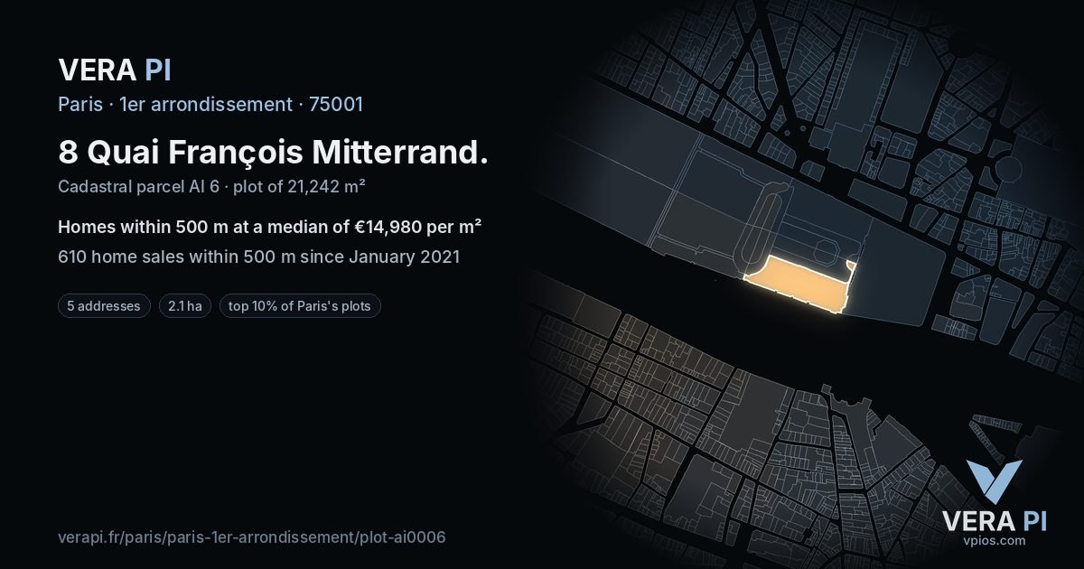 8 Quai François Mitterrand, 1er arrondissement at night – the plot lit, the parcels around coloured by the prices near them