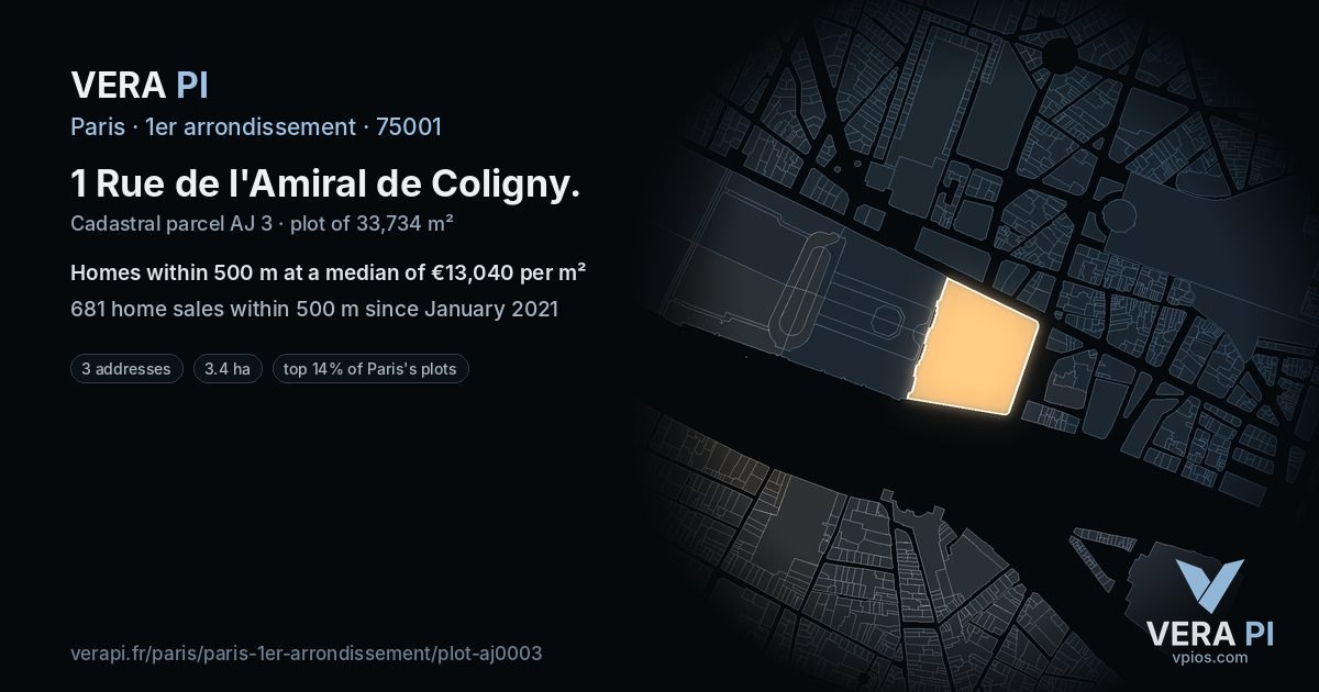 1 Rue de l'Amiral de Coligny, 1er arrondissement at night – the plot lit, the parcels around coloured by the prices near them