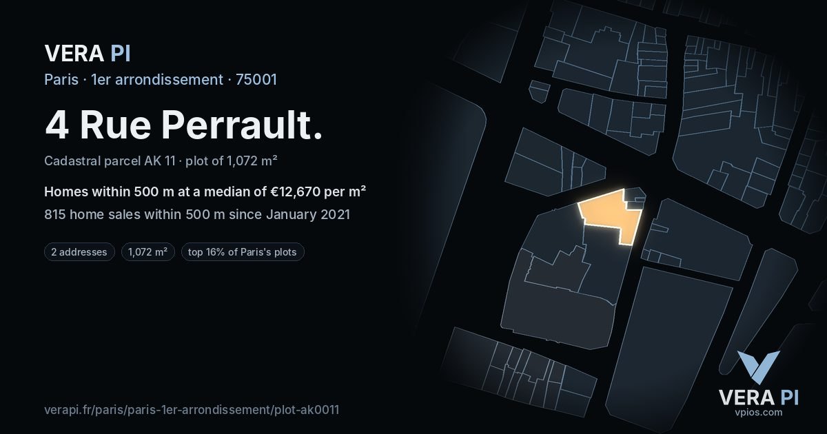 4 Rue Perrault, 1er arrondissement at night – the plot lit, the parcels around coloured by the prices near them