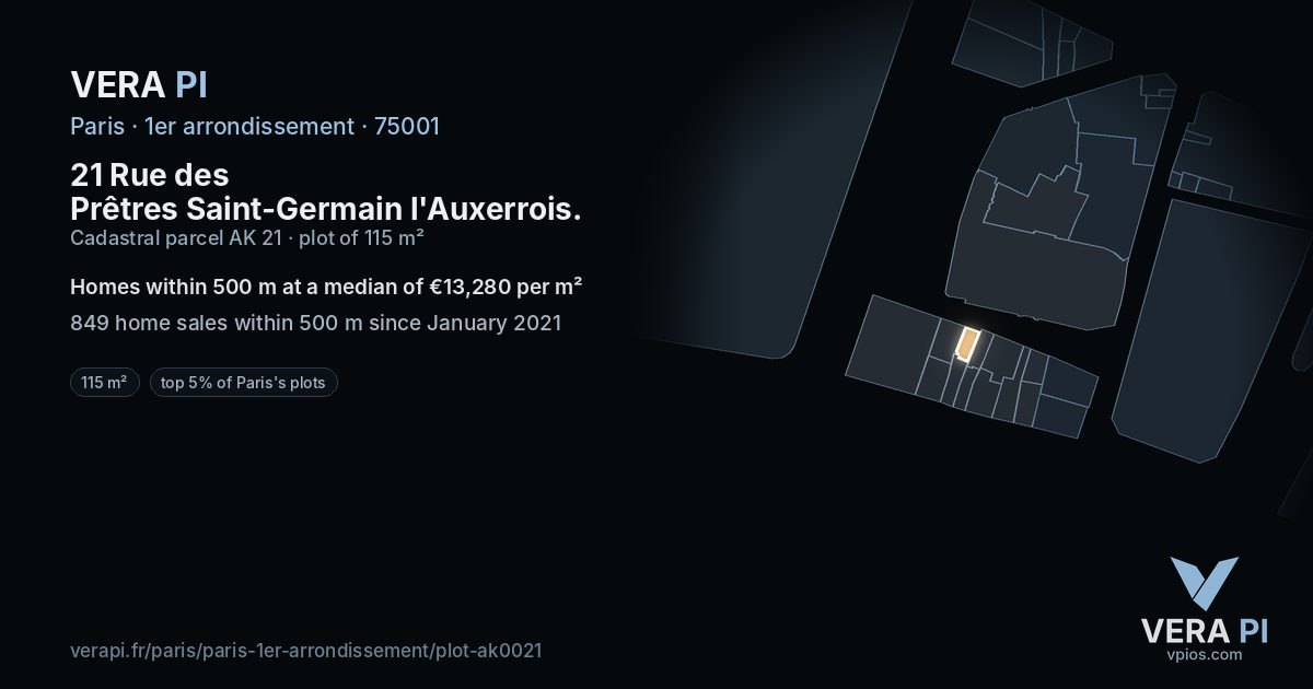 21 Rue des Prêtres Saint-Germain l'Auxerrois, 1er arrondissement at night – the plot lit, the parcels around coloured by the prices near them