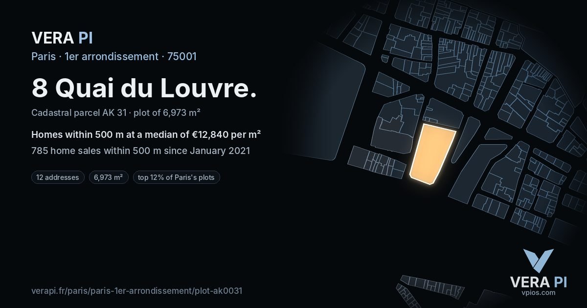 8 Quai du Louvre, 1er arrondissement at night – the plot lit, the parcels around coloured by the prices near them