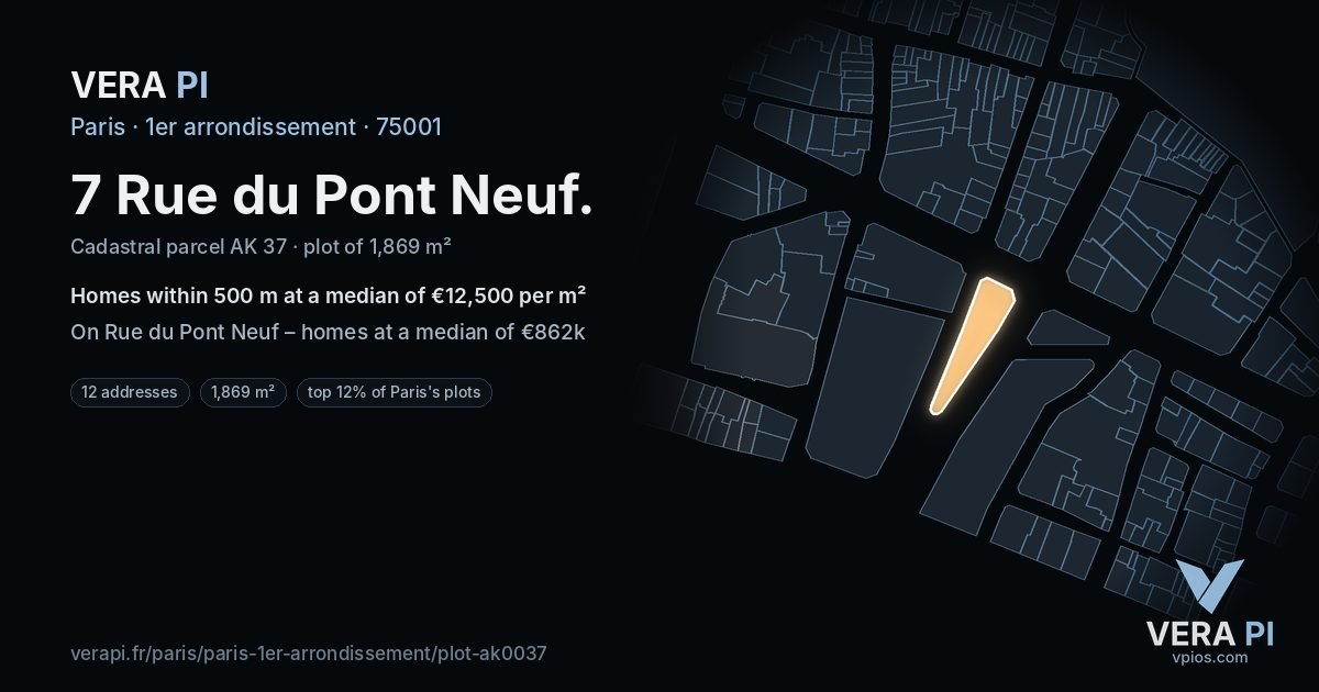 7 Rue du Pont Neuf, 1er arrondissement at night – the plot lit, the parcels around coloured by the prices near them