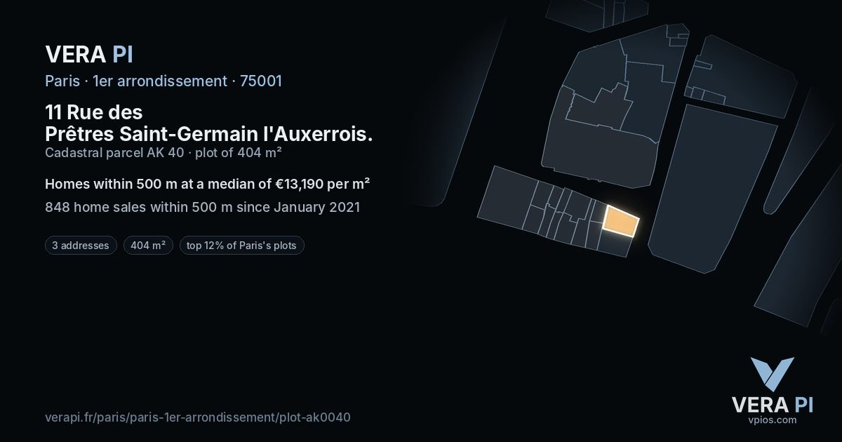 11 Rue des Prêtres Saint-Germain l'Auxerrois, 1er arrondissement at night – the plot lit, the parcels around coloured by the prices near them