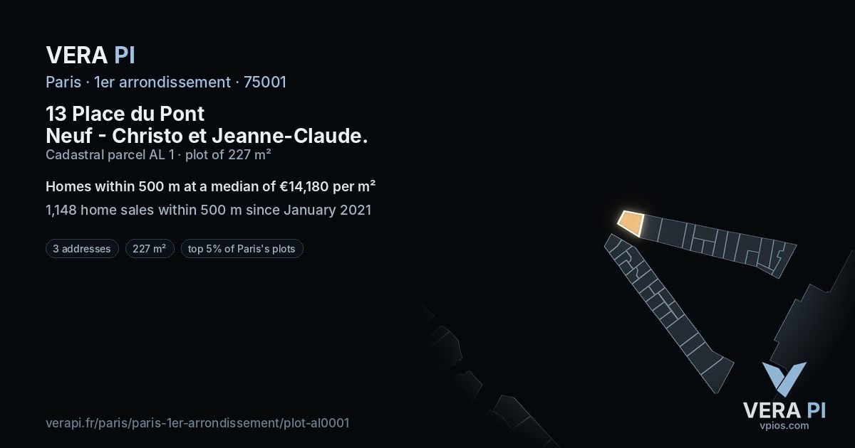 13 Place du Pont Neuf - Christo et Jeanne-Claude, 1er arrondissement at night – the plot lit, the parcels around coloured by the prices near them