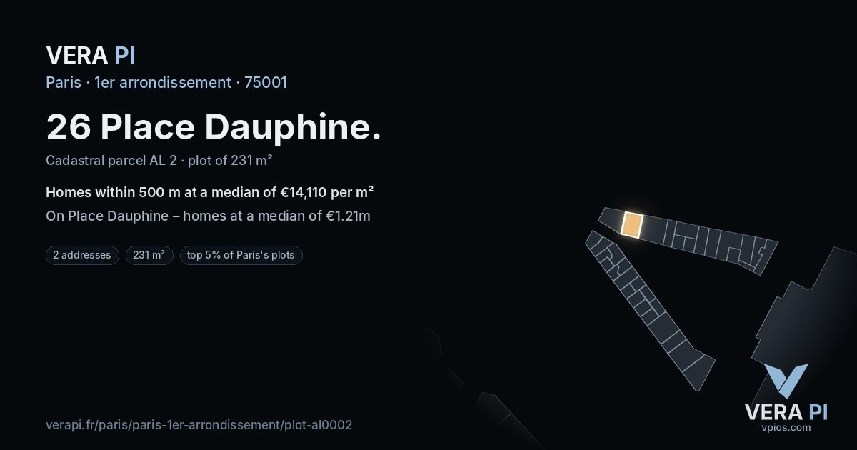 26 Place Dauphine, 1er arrondissement at night – the plot lit, the parcels around coloured by the prices near them