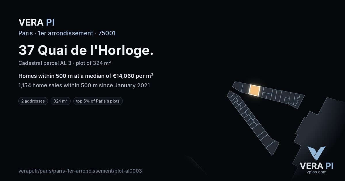 37 Quai de l'Horloge, 1er arrondissement at night – the plot lit, the parcels around coloured by the prices near them
