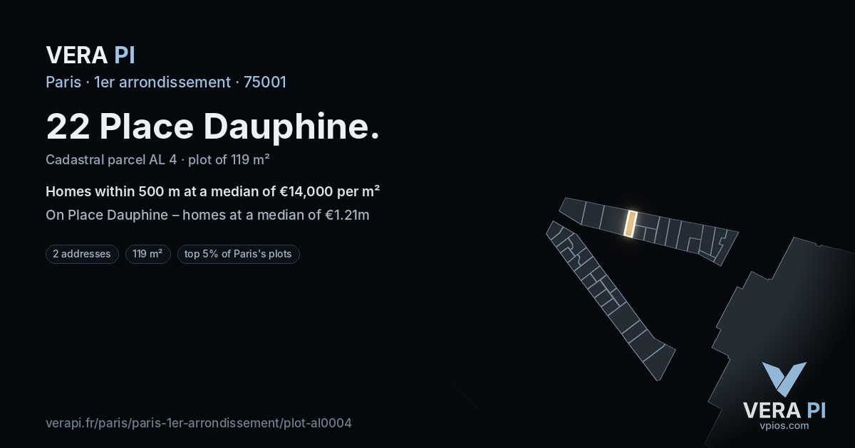 22 Place Dauphine, 1er arrondissement at night – the plot lit, the parcels around coloured by the prices near them