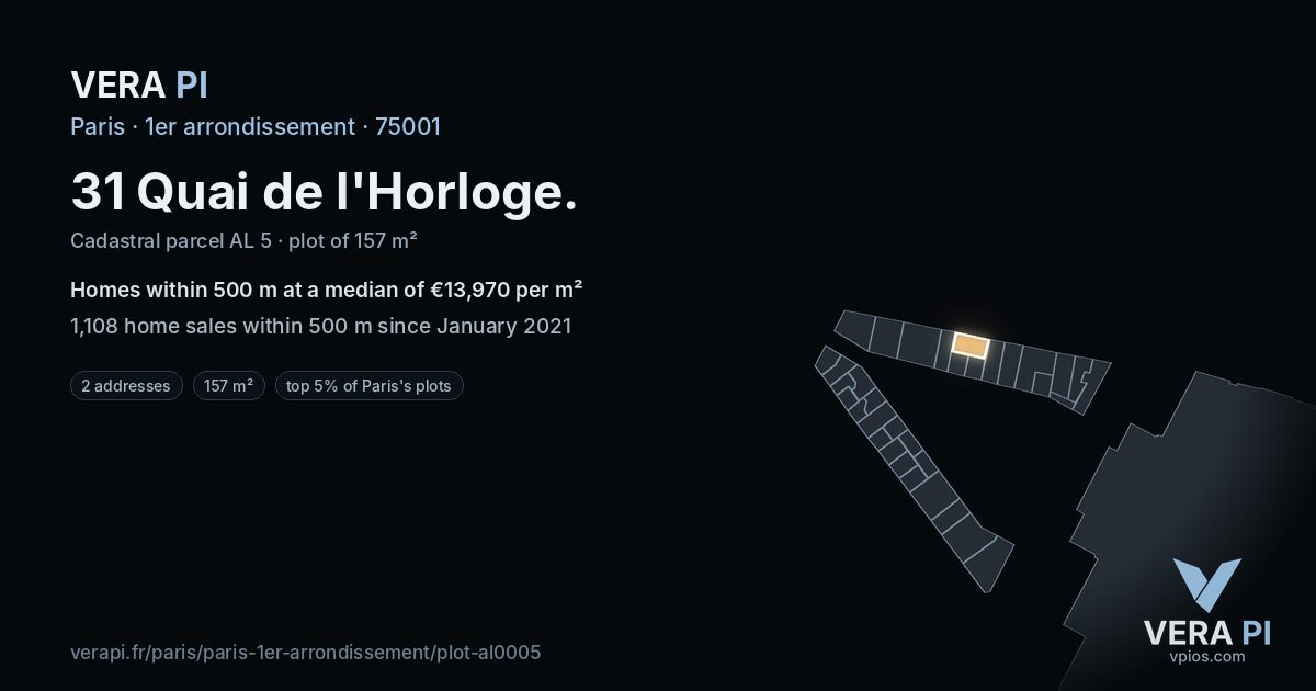 31 Quai de l'Horloge, 1er arrondissement at night – the plot lit, the parcels around coloured by the prices near them