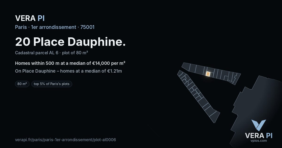 20 Place Dauphine, 1er arrondissement at night – the plot lit, the parcels around coloured by the prices near them