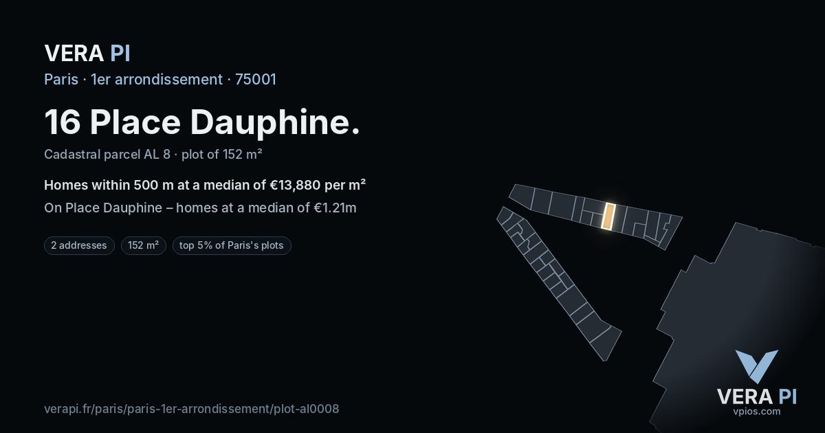 16 Place Dauphine, 1er arrondissement at night – the plot lit, the parcels around coloured by the prices near them