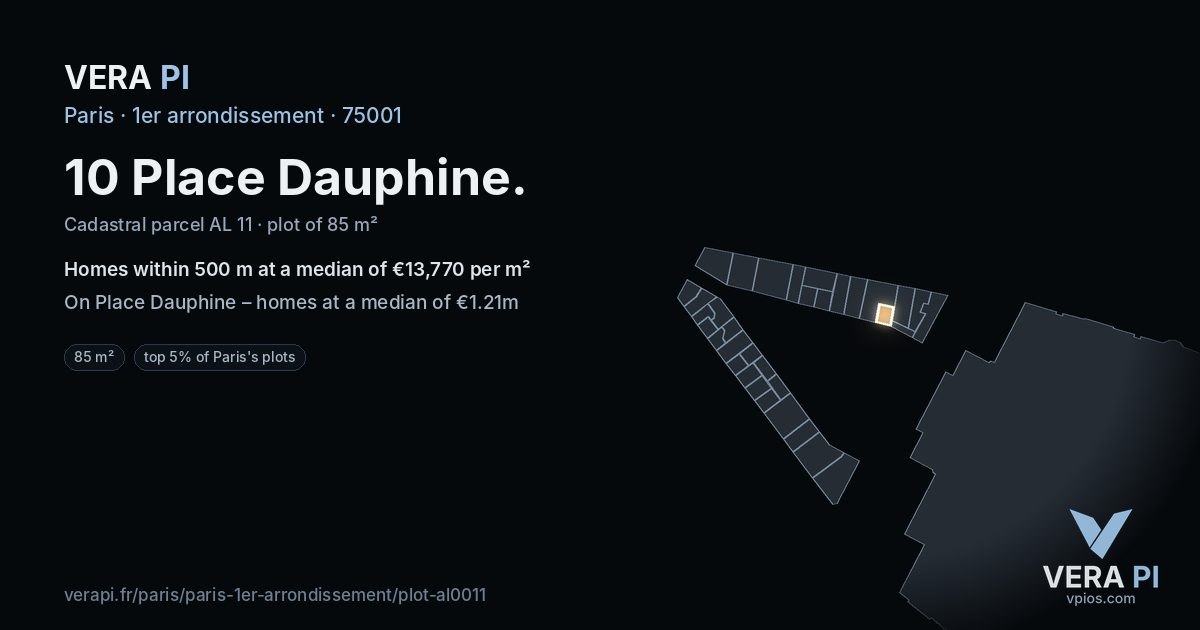 10 Place Dauphine, 1er arrondissement at night – the plot lit, the parcels around coloured by the prices near them