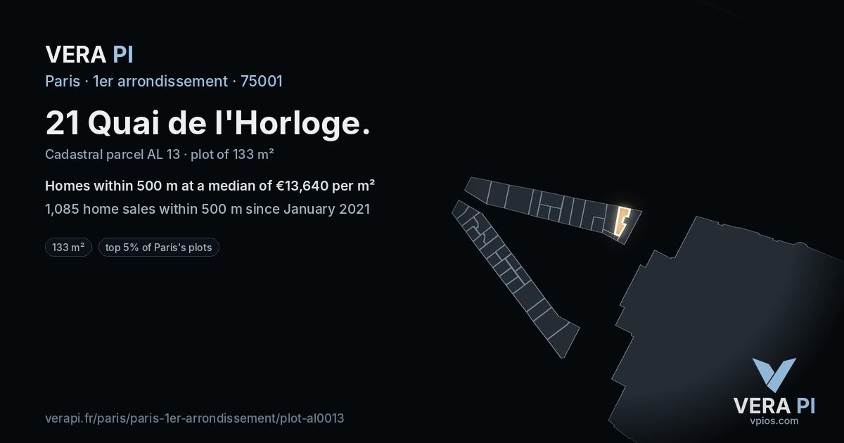 21 Quai de l'Horloge, 1er arrondissement at night – the plot lit, the parcels around coloured by the prices near them
