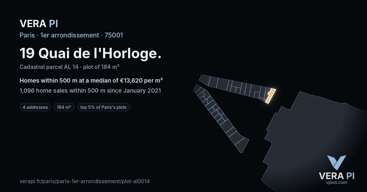 19 Quai de l'Horloge, 1er arrondissement at night – the plot lit, the parcels around coloured by the prices near them
