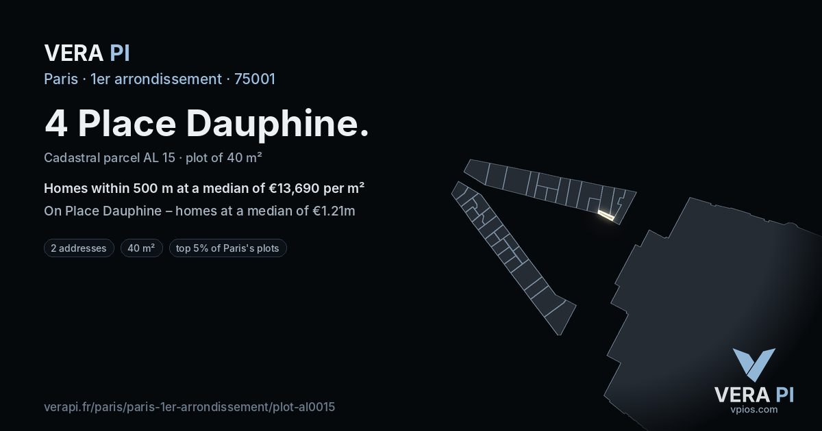 4 Place Dauphine, 1er arrondissement at night – the plot lit, the parcels around coloured by the prices near them