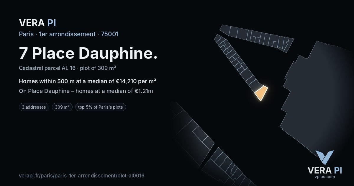 7 Place Dauphine, 1er arrondissement at night – the plot lit, the parcels around coloured by the prices near them