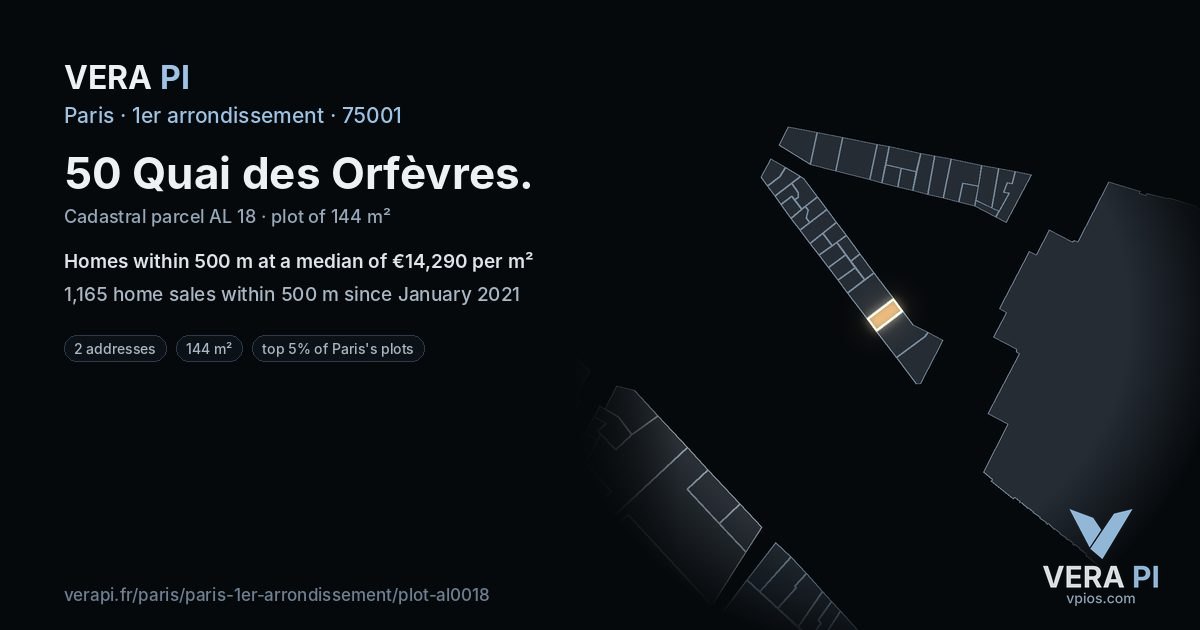 50 Quai des Orfèvres, 1er arrondissement at night – the plot lit, the parcels around coloured by the prices near them