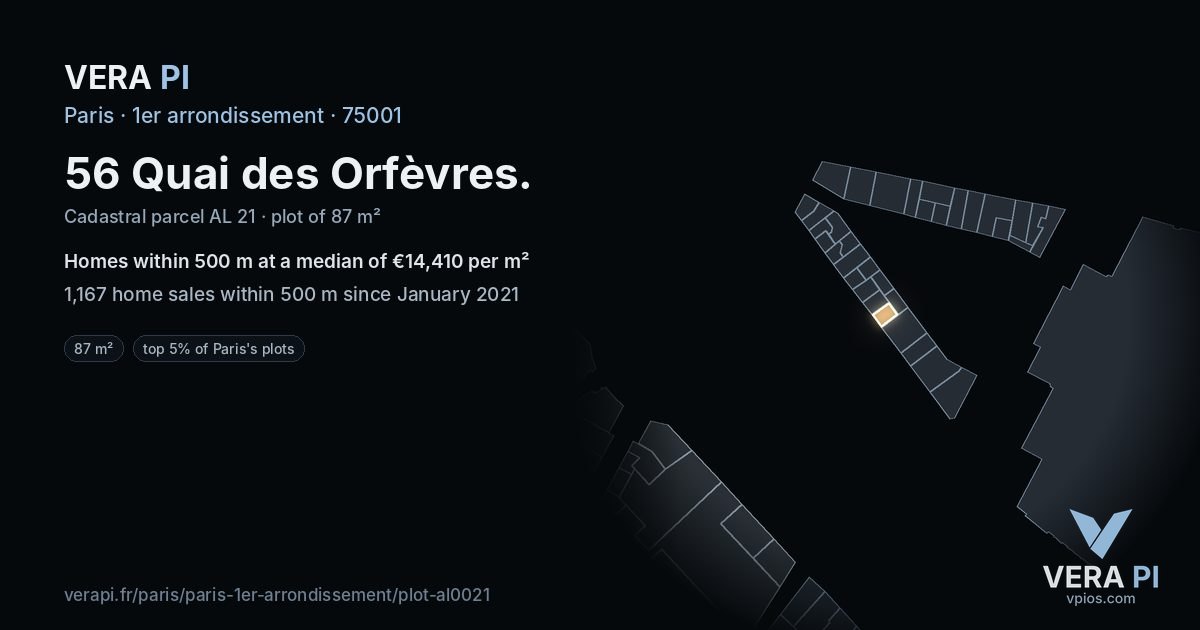 56 Quai des Orfèvres, 1er arrondissement at night – the plot lit, the parcels around coloured by the prices near them