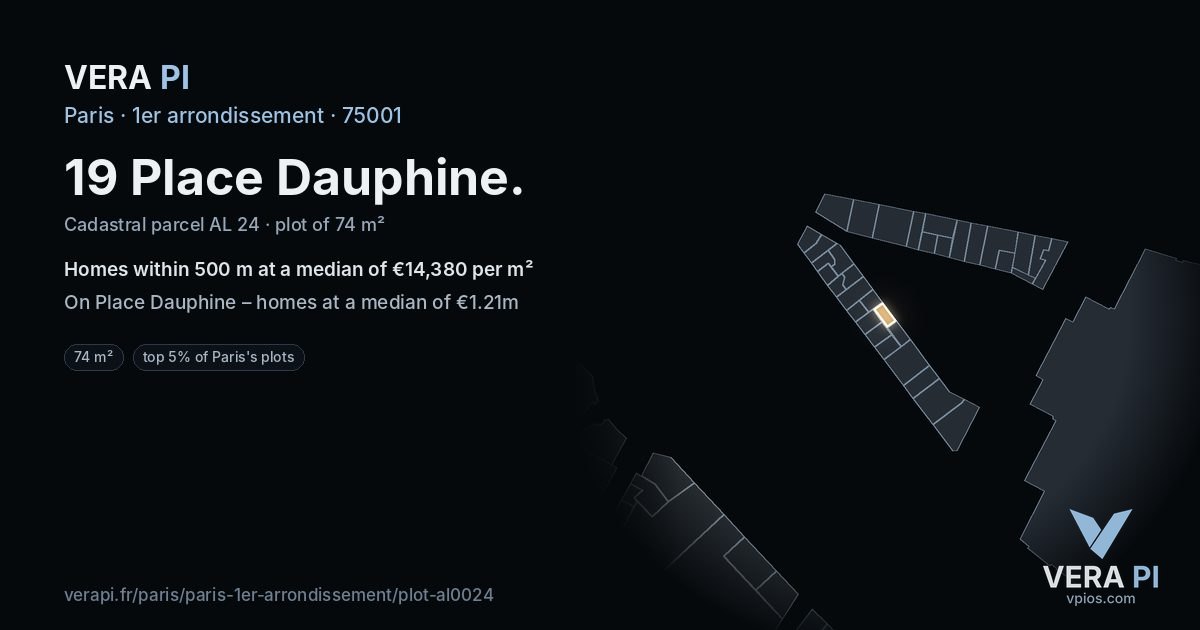 19 Place Dauphine, 1er arrondissement at night – the plot lit, the parcels around coloured by the prices near them