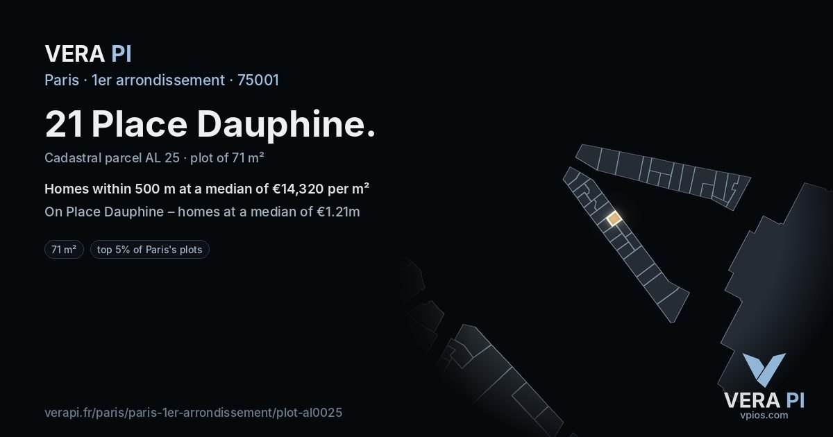 21 Place Dauphine, 1er arrondissement at night – the plot lit, the parcels around coloured by the prices near them