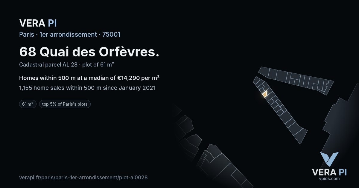 68 Quai des Orfèvres, 1er arrondissement at night – the plot lit, the parcels around coloured by the prices near them
