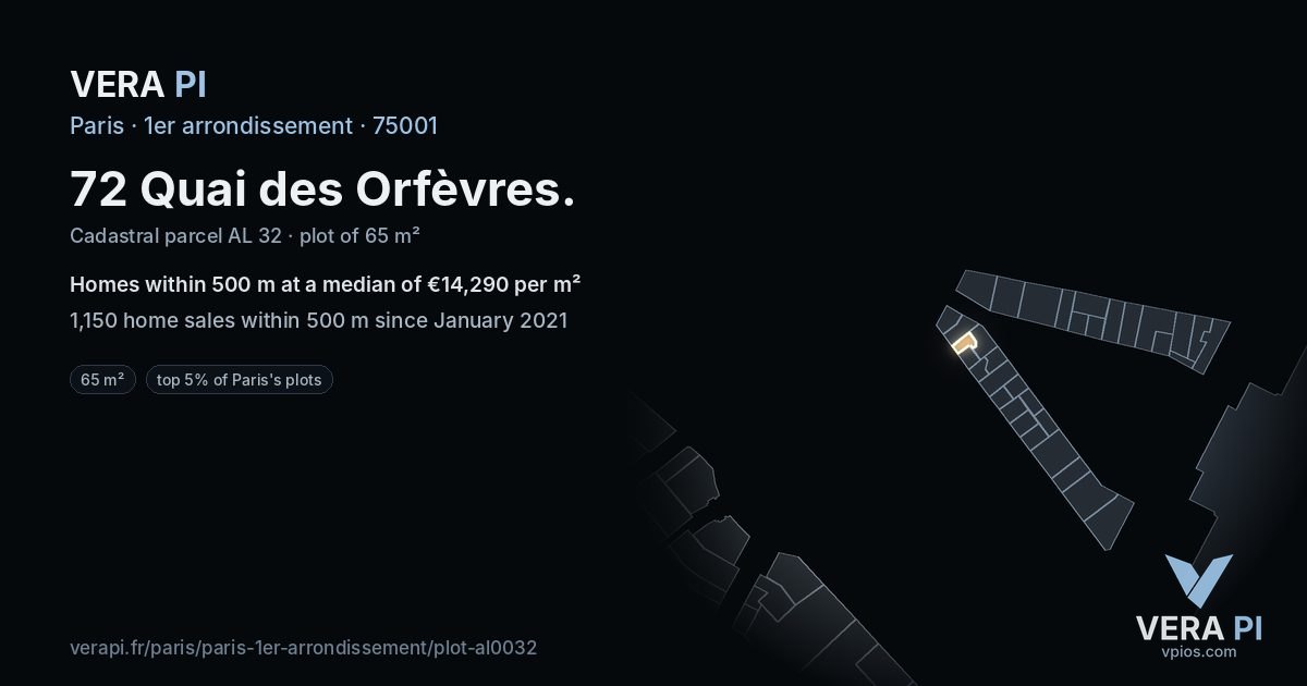 72 Quai des Orfèvres, 1er arrondissement at night – the plot lit, the parcels around coloured by the prices near them