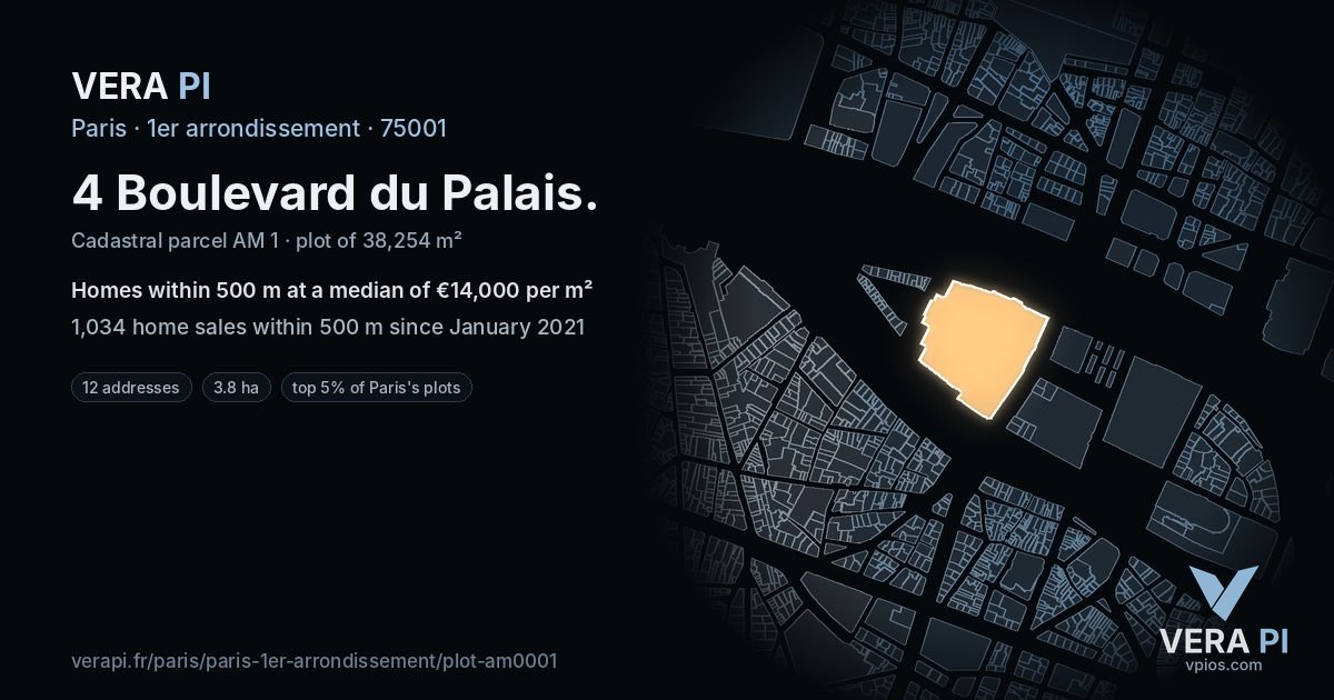 4 Boulevard du Palais, 1er arrondissement at night – the plot lit, the parcels around coloured by the prices near them