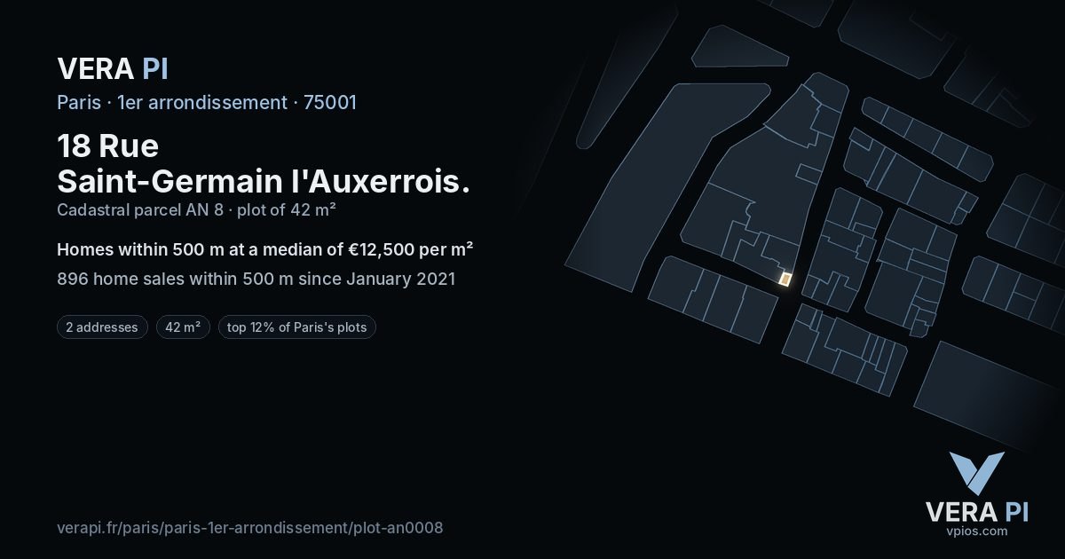 18 Rue Saint-Germain l'Auxerrois, 1er arrondissement at night – the plot lit, the parcels around coloured by the prices near them