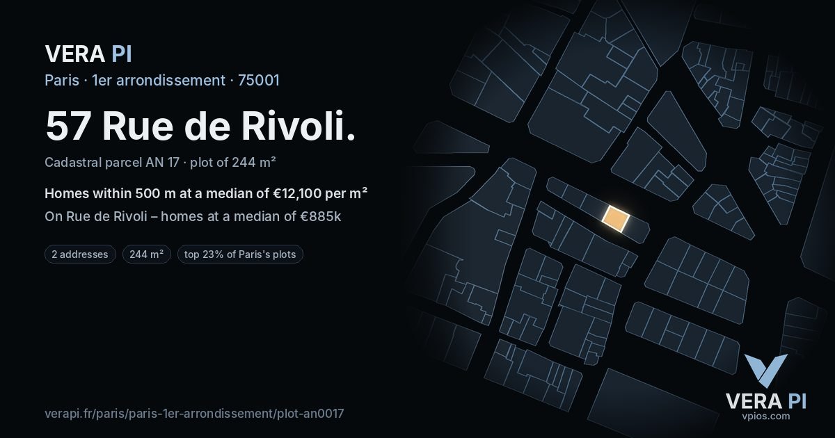 57 Rue de Rivoli, 1er arrondissement at night – the plot lit, the parcels around coloured by the prices near them