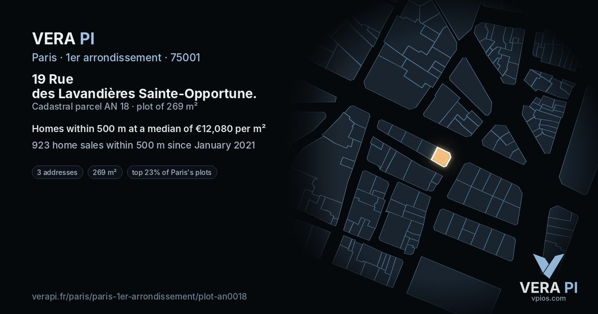 19 Rue des Lavandières Sainte-Opportune, 1er arrondissement at night – the plot lit, the parcels around coloured by the prices near them
