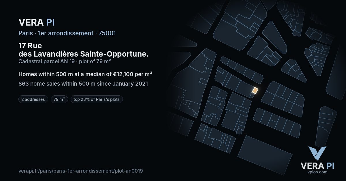 17 Rue des Lavandières Sainte-Opportune, 1er arrondissement at night – the plot lit, the parcels around coloured by the prices near them