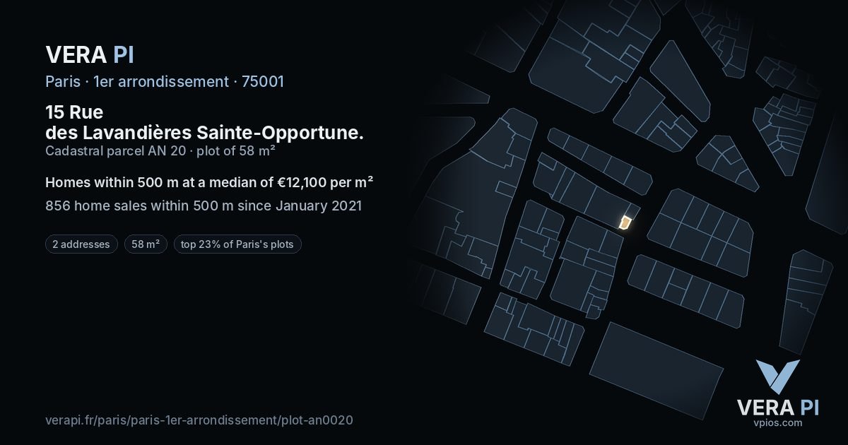 15 Rue des Lavandières Sainte-Opportune, 1er arrondissement at night – the plot lit, the parcels around coloured by the prices near them