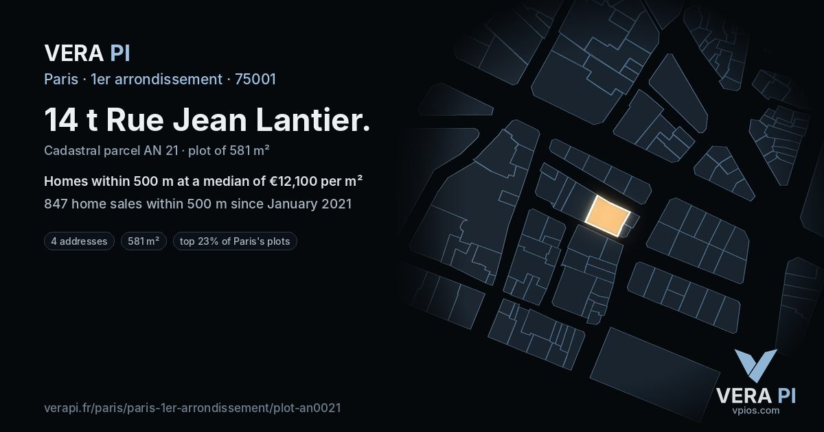 14 t Rue Jean Lantier, 1er arrondissement at night – the plot lit, the parcels around coloured by the prices near them