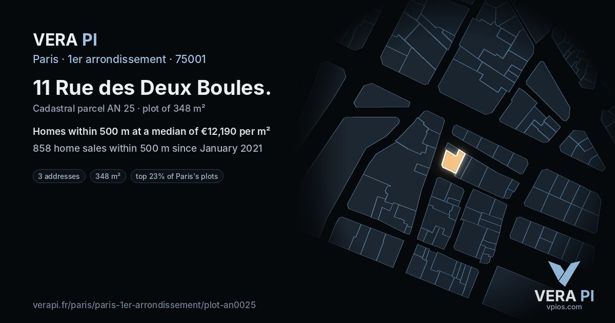 11 Rue des Deux Boules, 1er arrondissement at night – the plot lit, the parcels around coloured by the prices near them