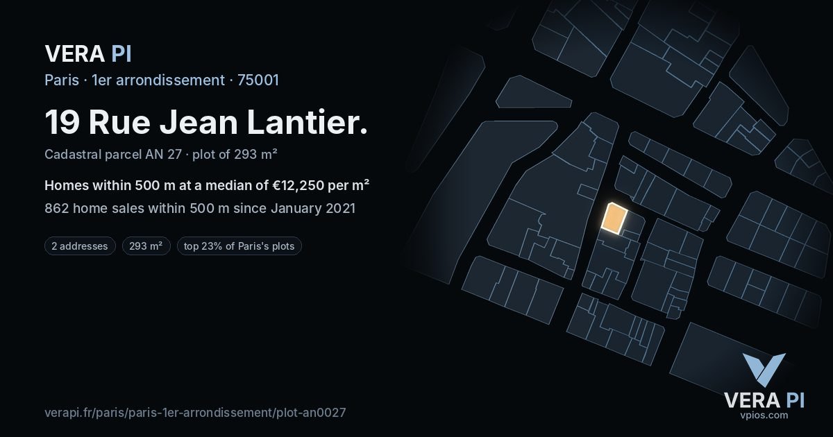 19 Rue Jean Lantier, 1er arrondissement at night – the plot lit, the parcels around coloured by the prices near them